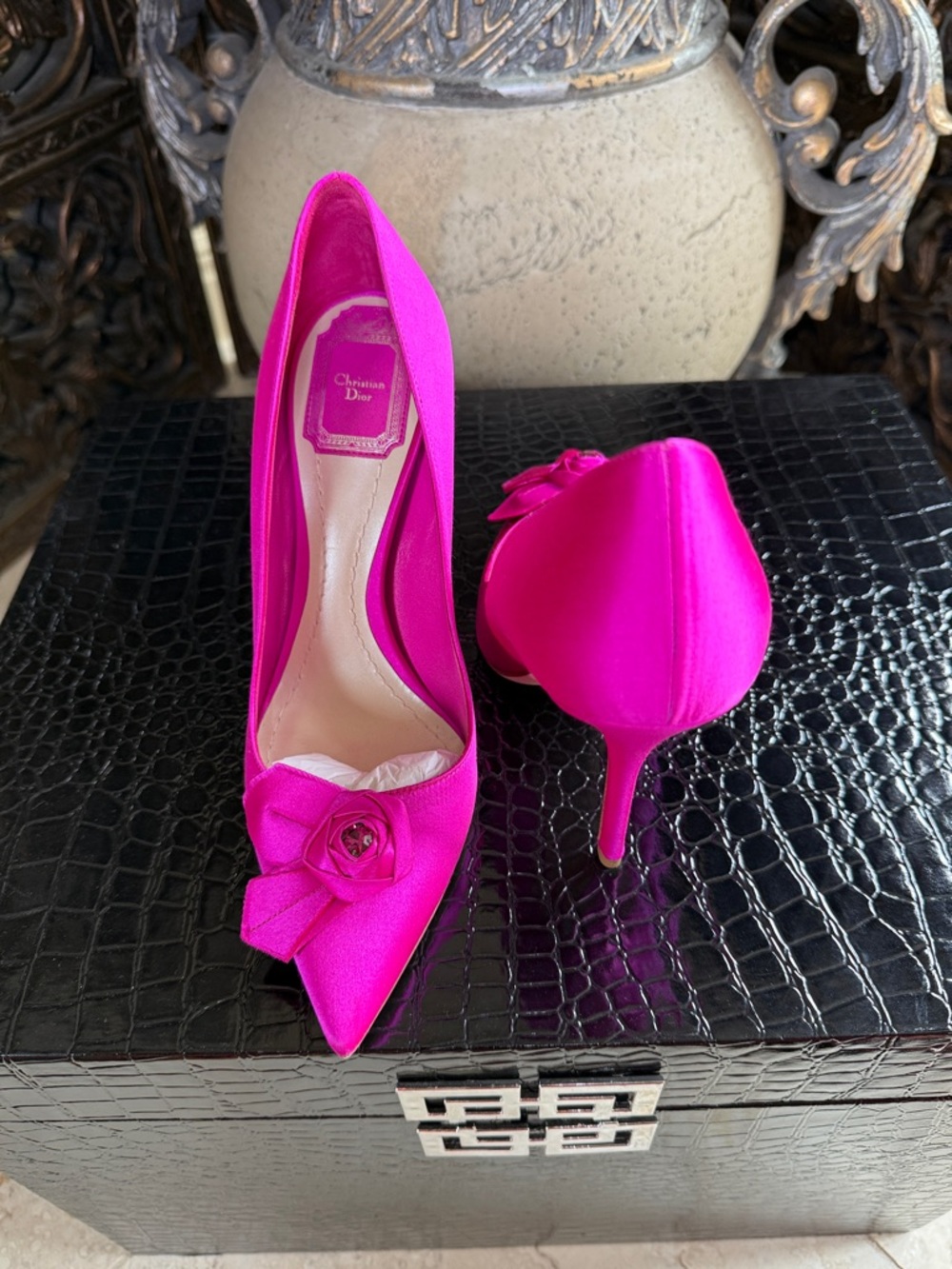 Dior Hot Pink Satin Pointed-Toe Stiletto Pumps with Rosette